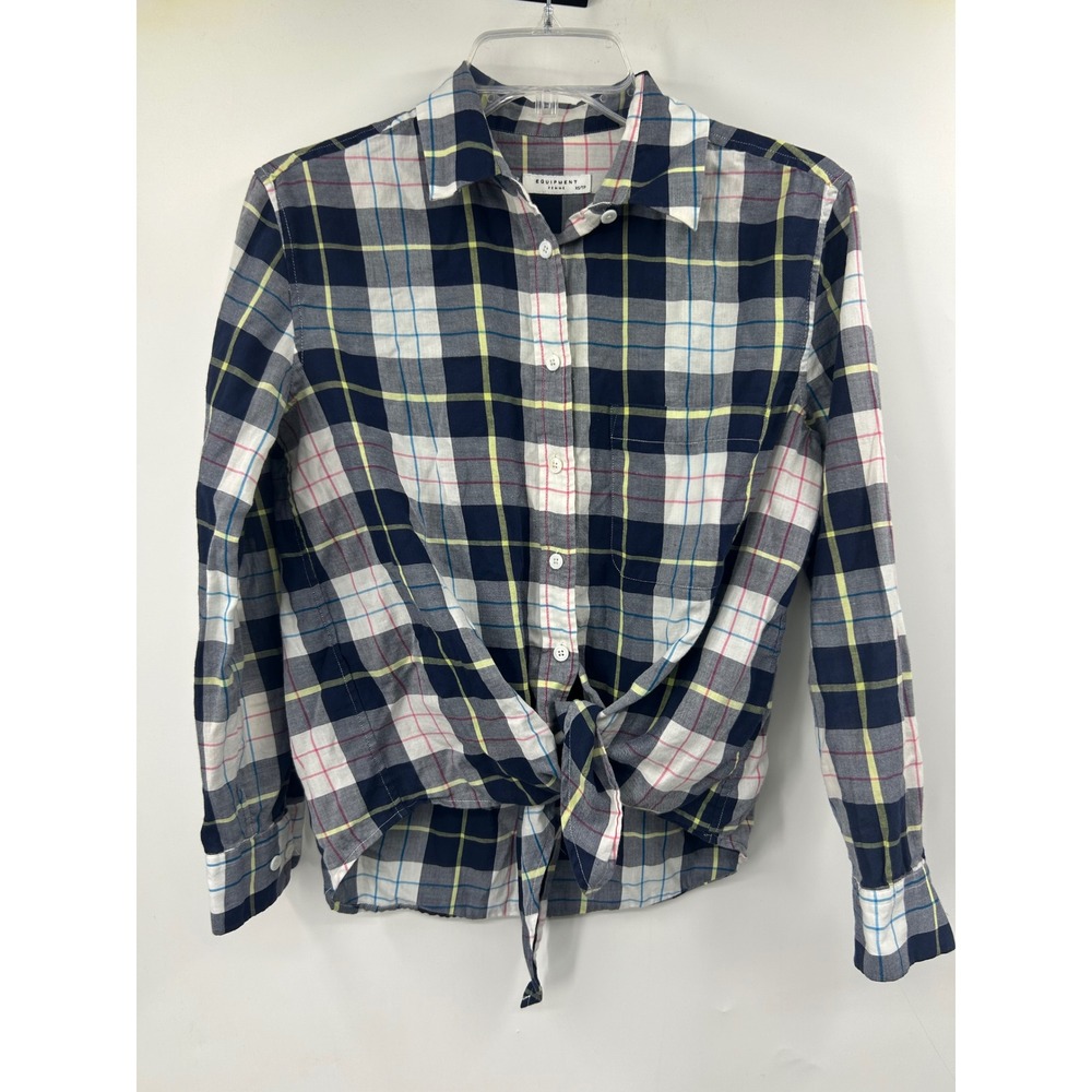 Equipment Femme Navy Plaid Tie Front Cotton Button Down Shirt XS